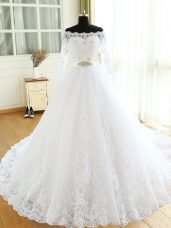 Customized White Wedding Dress Tulle Court Train Long Sleeves Beading and Lace and Appliques