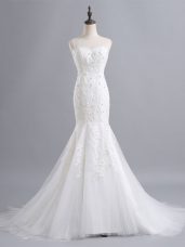 Decent White Tulle Zipper Bridal Gown Sleeveless Brush Train Lace