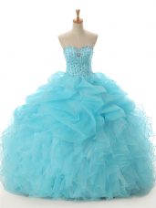 Hot Selling Aqua Blue Ball Gowns Organza Sweetheart Sleeveless Beading and Ruffled Layers Floor Length Lace Up Quince Ball Gowns