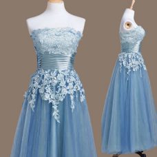 Blue Sleeveless Tea Length Appliques Lace Up Quinceanera Court Dresses