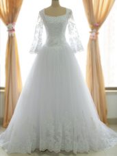 Exceptional White Zipper Square Lace and Appliques Wedding Dress Tulle Sleeveless Brush Train