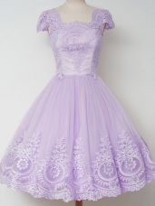 Unique Square Cap Sleeves Zipper Bridesmaid Dresses Lavender Tulle