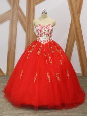 Suitable Red Tulle Lace Up Sweetheart Sleeveless 15 Quinceanera Dress Sweep Train Embroidery and Ruffled Layers