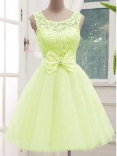 High Quality Yellow Green A-line Tulle Scoop Sleeveless Lace and Bowknot Knee Length Lace Up Wedding Guest Dresses