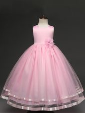 High Class Baby Pink Sleeveless Floor Length Hand Made Flower Zipper Child Pageant Dress