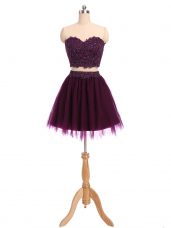 Comfortable Tulle Sweetheart Sleeveless Zipper Beading and Appliques Prom Evening Gown in Dark Purple