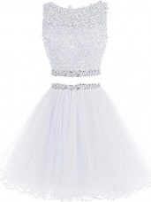 Customized Scoop Sleeveless Dress for Prom Mini Length Beading and Lace and Appliques White Tulle