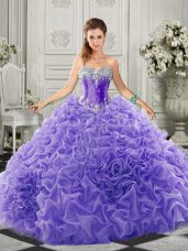 Organza Sweetheart Sleeveless Court Train Lace Up Beading and Ruffles Quinceanera Gowns in Lavender