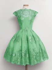 Low Price Knee Length Green Quinceanera Court Dresses Scalloped Cap Sleeves Lace Up