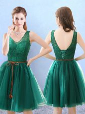 Customized Green A-line Tulle V-neck Sleeveless Lace Knee Length Backless Bridesmaids Dress