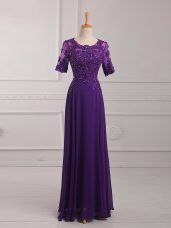 Super Floor Length Purple Mother of the Bride Dress Scoop Half Sleeves Zipper