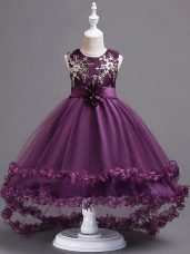 Dark Purple Ball Gowns Appliques and Hand Made Flower Pageant Gowns For Girls Zipper Tulle Sleeveless High Low