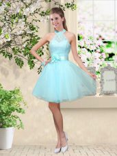Aqua Blue A-line Halter Top Sleeveless Tulle Knee Length Lace Up Lace and Belt Wedding Guest Dresses
