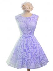 Beautiful Knee Length Lavender Bridesmaid Dresses Lace Sleeveless Belt