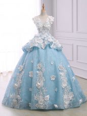 Discount Light Blue Ball Gowns Scoop Sleeveless Organza Court Train Lace Up Appliques Quinceanera Dress