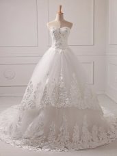 Ideal White Lace Up Wedding Dress Lace and Appliques Sleeveless Brush Train