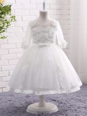 Modern Ball Gowns Toddler Flower Girl Dress White Scoop Lace Short Sleeves Tea Length Zipper