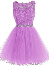 Lilac Tulle Lace Up Scoop Sleeveless Mini Length Cocktail Dress Beading and Lace and Appliques