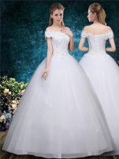 White Lace Up Bridal Gown Beading and Appliques Cap Sleeves Floor Length