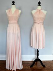 Extravagant Baby Pink and Peach Sleeveless Floor Length Ruching Lace Up Bridesmaids Dress