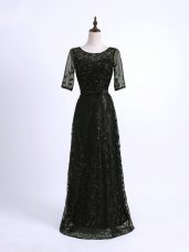 Best Selling Black Column/Sheath Scoop Half Sleeves Lace Floor Length Lace Up Lace and Appliques Mother of Bride Dresses