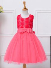 Knee Length Ball Gowns Sleeveless Hot Pink Little Girl Pageant Gowns Lace Up