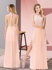Column/Sheath Junior Homecoming Dress Peach Halter Top Chiffon Sleeveless Floor Length Backless