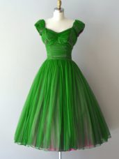 Admirable Cap Sleeves Chiffon Knee Length Lace Up Wedding Party Dress in Green with Ruching