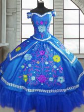 Admirable Blue Lace Up Sweetheart Beading and Embroidery Ball Gown Prom Dress Taffeta Short Sleeves