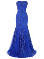 Affordable Tulle Sweetheart Sleeveless Brush Train Lace Up Sequins Womens Evening Dresses in Royal Blue