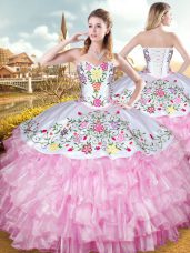 Charming Rose Pink Lace Up Vestidos de Quinceanera Embroidery and Ruffled Layers Sleeveless Floor Length