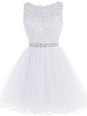 Sleeveless Tulle Mini Length Zipper Evening Dress in White with Beading and Lace and Appliques