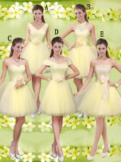 Light Yellow Tulle Lace Up V-neck Sleeveless Knee Length Quinceanera Court Dresses Lace and Belt