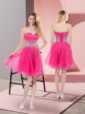 Traditional Beading Womens Party Dresses Hot Pink Lace Up Sleeveless Mini Length