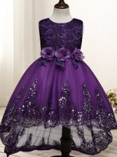 New Arrival Sleeveless High Low Lace and Appliques and Bowknot and Hand Made Flower Zipper Little Girl Pageant Dress with Dark Purple