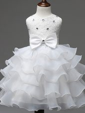 Knee Length White Flower Girl Dresses for Less Scoop Sleeveless Zipper