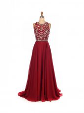 Pretty Criss Cross Prom Evening Gown Wine Red for Prom and Party and Military Ball with Beading Brush Train