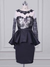 Luxury Satin Scoop Long Sleeves Zipper Lace and Appliques Mother of Groom Dress in Black