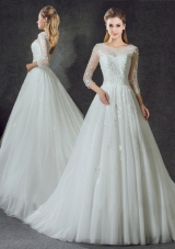 Scoop Tulle 3|4 Length Sleeve Wedding Dresses Court Train and Lace