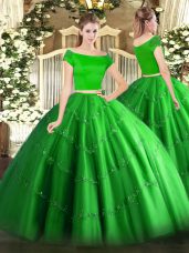 Tulle Off The Shoulder Short Sleeves Zipper Appliques Quinceanera Gown in Green