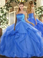 Blue Tulle Lace Up Strapless Sleeveless Floor Length Quinceanera Dresses Ruffles