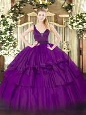 Extravagant Ball Gowns Ball Gown Prom Dress Purple Straps Organza Sleeveless Floor Length Zipper