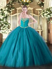 Teal Sleeveless Tulle Lace Up Quince Ball Gowns for Military Ball and Sweet 16 and Quinceanera