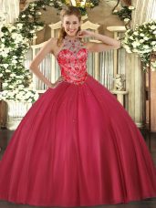 Delicate Coral Red Halter Top Lace Up Beading Quinceanera Gown Sleeveless