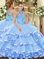 Floor Length Lace Up Quinceanera Gowns Baby Blue for Military Ball and Sweet 16 and Quinceanera with Beading and Embroidery