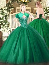 Floor Length Lace Up Sweet 16 Dresses Dark Green for Military Ball and Sweet 16 and Quinceanera with Beading