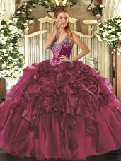 Adorable Burgundy Organza Lace Up Quince Ball Gowns Sleeveless Floor Length Beading and Ruffles
