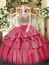 Stylish Coral Red Sleeveless Floor Length Beading and Ruffled Layers Lace Up Vestidos de Quinceanera