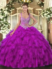 High End Purple Ball Gowns Straps Sleeveless Organza Floor Length Lace Up Beading and Ruffles Quinceanera Gown
