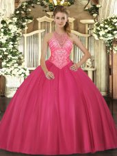 Romantic Hot Pink Quince Ball Gowns Military Ball and Sweet 16 and Quinceanera with Beading High-neck Sleeveless Lace Up